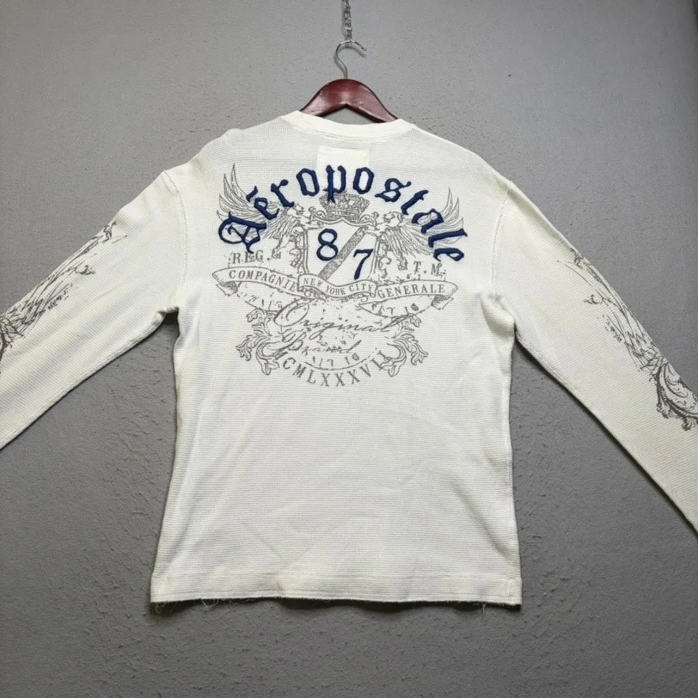 Aeropostale Thermal Shirt Mens L White Waffle Knit Graphic Y2K Rare Wing Print